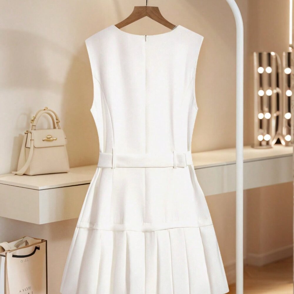 White Casual Women's French Sleeveless Cinched Waist Pleated Dress - Picture 2 of 8